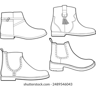 a set of ankle boots drawing vector fashion booties illustration, shoes drawing vector, winter boots, chelsea boots