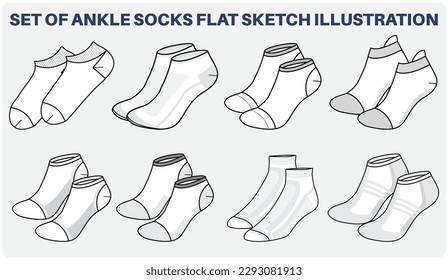 Set of Ankle length Socks flat sketch fashion illustration drawing template mock up, Liner ped anklet socks cad drawing for unisex men's and women's