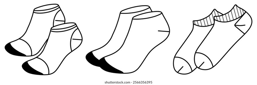 Set of Ankle length Socks flat sketch fashion illustration drawing template mock up, Liner ped anklet socks cad drawing for men's and women's