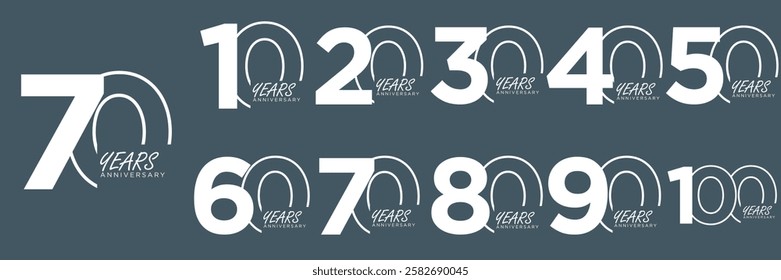 set anniversary 10 to 100 year logo designs. abstract number, icon, vector illustration