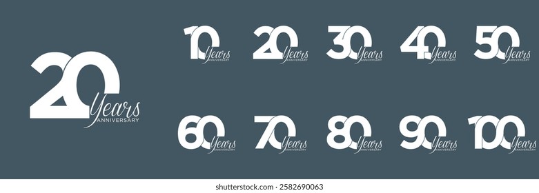 set anniversary 10 to 100 year logo designs. abstract number, icon, vector illustration