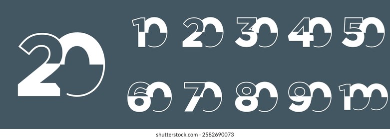 set anniversary 10 to 100 year logo designs. abstract number, icon, vector illustration