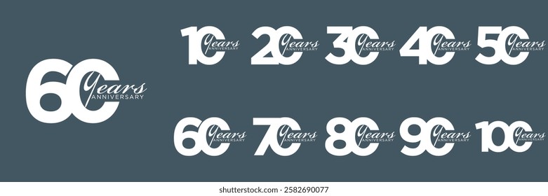 set anniversary 10 to 100 year logo designs. abstract number, icon, vector illustration