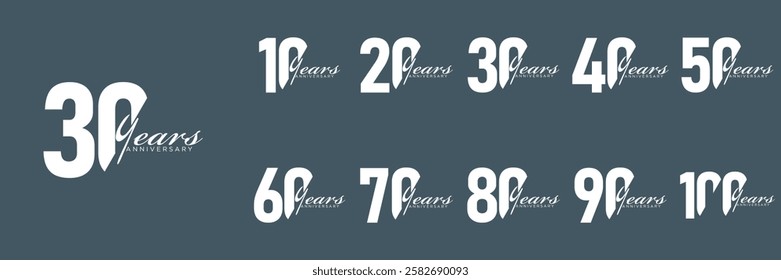 set anniversary 10 to 100 year logo designs. abstract number, icon, vector illustration