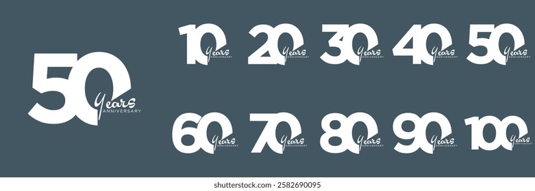 set anniversary 10 to 100 year logo designs. abstract number, icon, vector illustration
