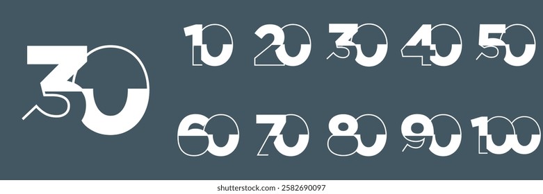 set anniversary 10 to 100 year logo designs. abstract number, icon, vector illustration