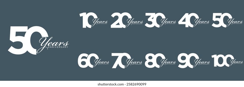 set anniversary 10 to 100 year logo designs. abstract number, icon, vector illustration