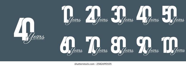 set anniversary 10 to 100 year logo designs. abstract number, icon, vector illustration