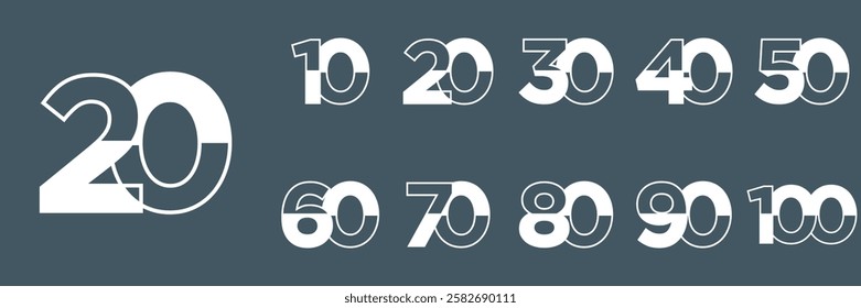 set anniversary 10 to 100 year logo designs. abstract number, icon, vector illustration