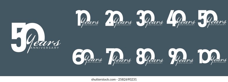 set anniversary 10 to 100 year logo designs. abstract number, icon, vector illustration
