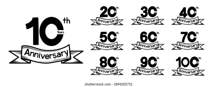 set of Anniversary 10, 20, 30, 40, 50, 60, 70, 80, 90, 100 years on white background.