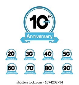 set of Anniversary 10, 20, 30, 40, 50, 60, 70, 80, 90 years on white background.