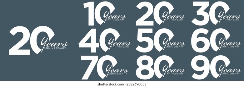 set anniversary 10 to 90 year logo designs. abstract number, icon, vector illustration