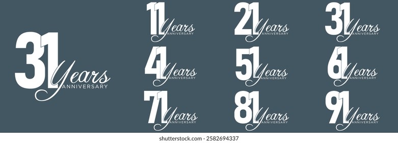 set anniversary 11 to 91 year logo designs. abstract number, icon, vector illustration