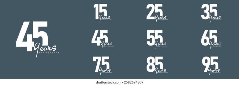 set anniversary 15 to 95 year logo designs. abstract number, icon, vector illustration