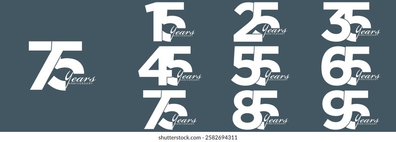 set anniversary 15 to 95 year logo designs. abstract number, icon, vector illustration