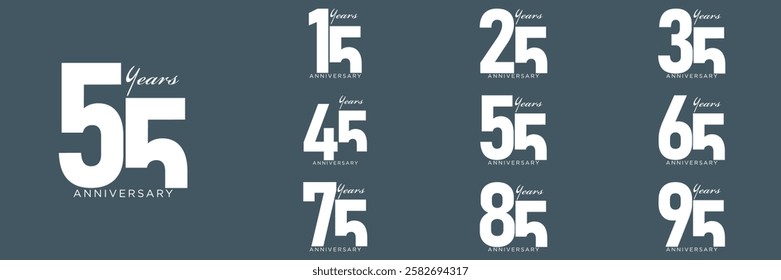 set anniversary 15 to 95 year logo designs. abstract number, icon, vector illustration