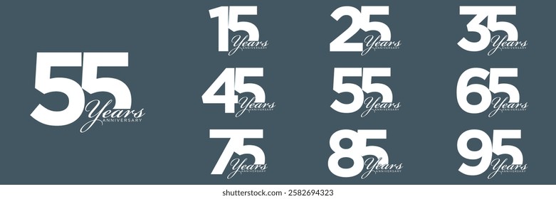 set anniversary 15 to 95 year logo designs. abstract number, icon, vector illustration