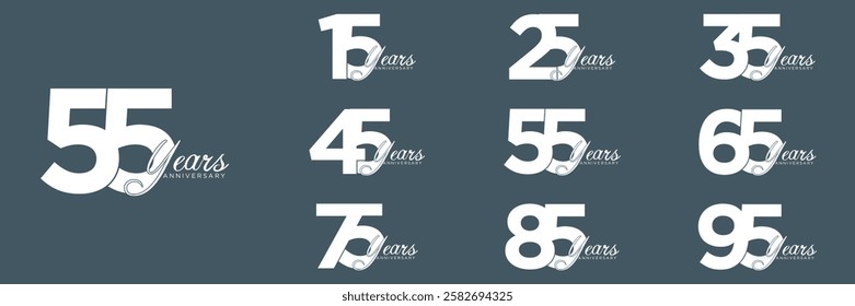 set anniversary 15 to 95 year logo designs. abstract number, icon, vector illustration