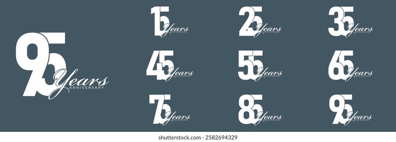 set anniversary 15 to 95 year logo designs. abstract number, icon, vector illustration