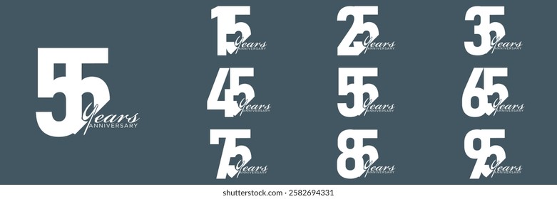 set anniversary 15 to 95 year logo designs. abstract number, icon, vector illustration