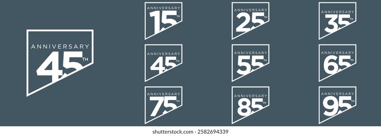 set anniversary 15 to 95 year logo designs. abstract number, icon, vector illustration