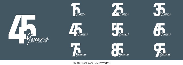 set anniversary 15 to 95 year logo designs. abstract number, icon, vector illustration