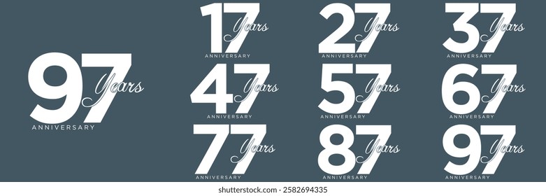 set anniversary 17 to 97 year logo designs. abstract number, icon, vector illustration