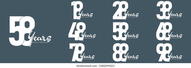 set anniversary 18 to 98 year logo designs. abstract number, icon, vector illustration