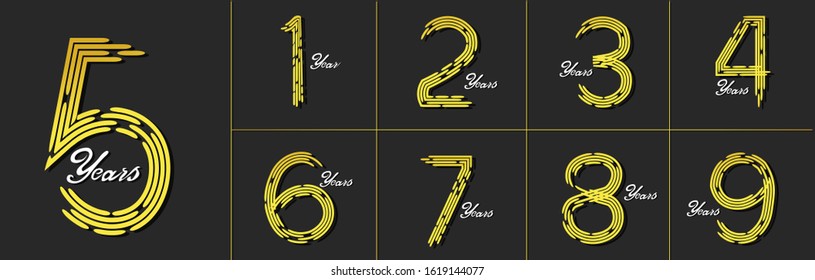 Set anniversary 1st-9th golden color for celebration event isolated on black background, vector illustration.
