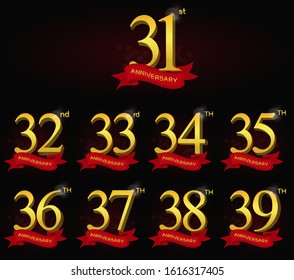 Set anniversary 31st-39th logo with red ribbon isolated on elegant black background, vector design for celebration purpose