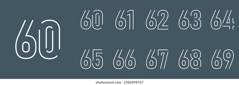 set anniversary 60 to 69 year logo designs. abstract number, icon, vector illustration