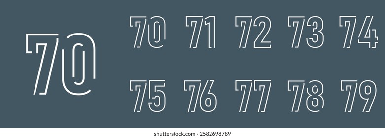 set anniversary 70 to 79 year logo designs. abstract number, icon, vector illustration