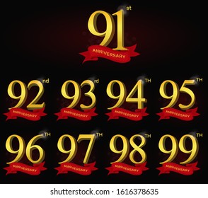 Set anniversary 91st-99th logo with red ribbon isolated on elegant black background, vector design for celebration purpose
