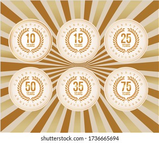 Set of anniversary badges vector illustrations. Golden anniversary celebration emblem design for booklet, leaflet, magazine, brochure poster, web, invitation or greeting card. Vector illustration.