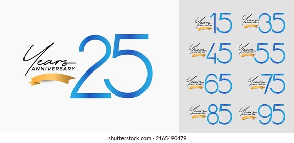 set of anniversary blue color on white background with gold ribbon for celebration moment