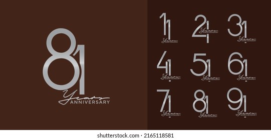 set of anniversary with calligraphy silver color on brown background for special moment