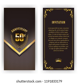 Set of anniversary card, invitation with laurel wreath, number. Decorative gold emblem of jubilee on black background. Filigree element, frame, border, icon, logo for web, page design in vintage style