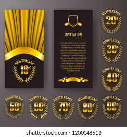 Set of anniversary card, invitation with laurel wreath, number. Decorative gold emblem of jubilee on black background. Filigree element, frame, border, icon, logo for web, page design in vintage style