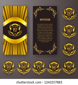 Set of anniversary card, invitation with laurel wreath, number. Decorative gold emblem of jubilee on black background. Filigree element, frame, border, icon, logo for web, page design in vintage style