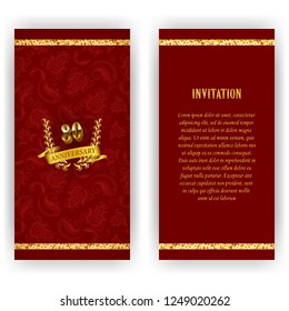 Set of anniversary card, invitation with laurel wreath, number. Decorative gold emblem of jubilee on red background. Filigree element, frame, border, icon, logo for web, page design in vintage style