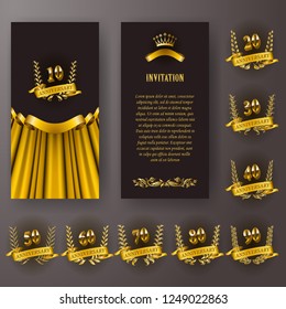 Set of anniversary card, invitation with laurel wreath, number. Decorative gold emblem of jubilee on black background. Filigree element, frame, border, icon, logo for web, page design in vintage style