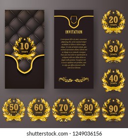 Set of anniversary card, invitation with laurel wreath, number. Decorative gold emblem of jubilee on black background. Filigree element, frame, border, icon, logo for web, page design in vintage style