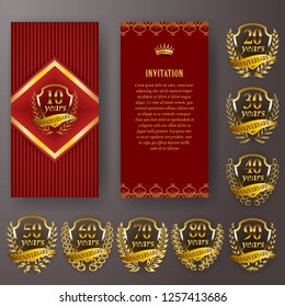 Set of anniversary card, invitation with laurel wreath, number. Decorative gold emblem of jubilee on red background. Filigree element, frame, border, icon, logo for web, page design in vintage style