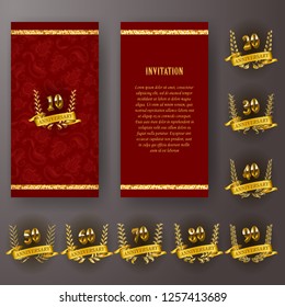 Set of anniversary card, invitation with laurel wreath, number. Decorative gold emblem of jubilee on red background. Filigree element, frame, border, icon, logo for web, page design in vintage style