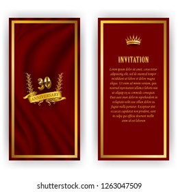 Set of anniversary card, invitation with laurel wreath, number. Decorative gold emblem of jubilee on red background. Filigree element, frame, border, icon, logo for web, page design in vintage style