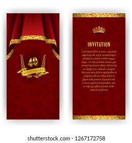 Set of anniversary card, invitation with laurel wreath, number. Decorative gold emblem of jubilee on red background. Filigree element, frame, border, icon, logo for web, page design in vintage style