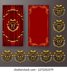 Set of anniversary card, invitation with laurel wreath, number. Decorative gold emblem of jubilee on red background. Filigree element, frame, border, icon, logo for web, page design in vintage style