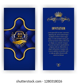 Set of anniversary card, invitation with laurel wreath, number. Decorative gold emblem of jubilee on blue background. Filigree element, frame, border, icon, logo for web, page design in vintage style