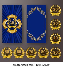 Set of anniversary card, invitation with laurel wreath, numbers. Decorative gold emblem of jubilee on blue background. Filigree element, frame, border, icon, logo for web, page design in vintage style